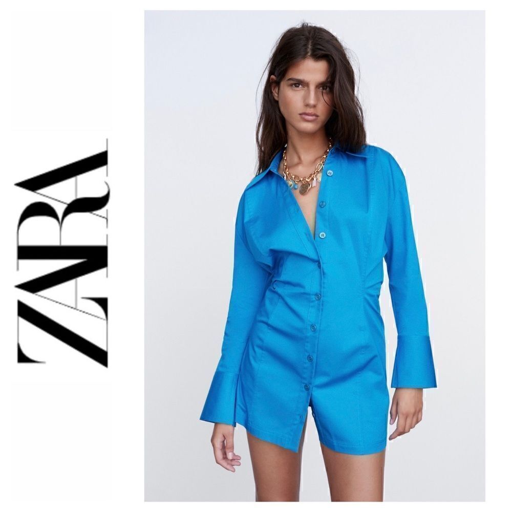 NWOT Zara Blue Button Down Cinched Waist Collared Shirt Dress, Size XS